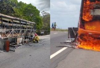 Ônibus da Rio Tinto com 30 passageiros pega fogo na BR-230 - VEJA VÍDEO